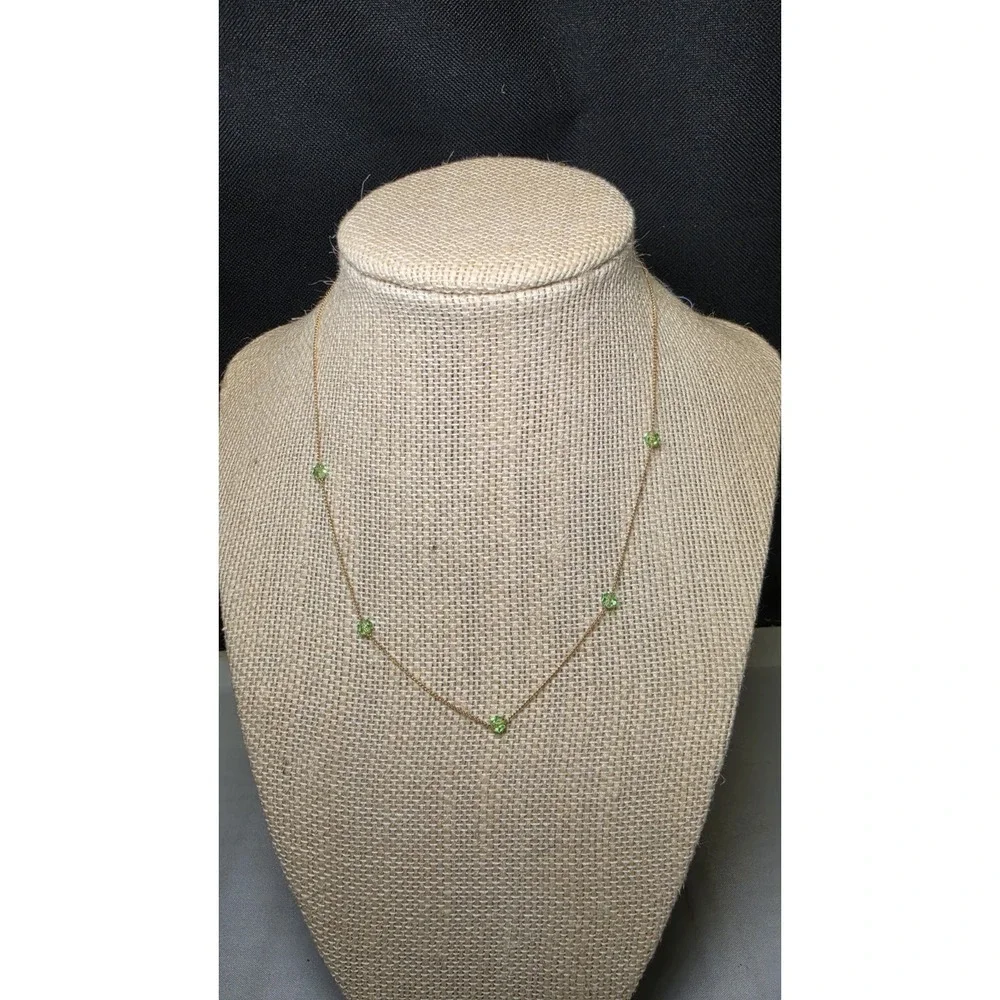 Delicate Gold Tone Chain Necklace Green Glass Bead Stations Minimalist Jewelry